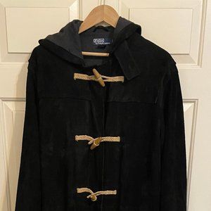 Polo Ralph Lauren Black Suede Hooded Duffel Coat, Wool Lined - M/L